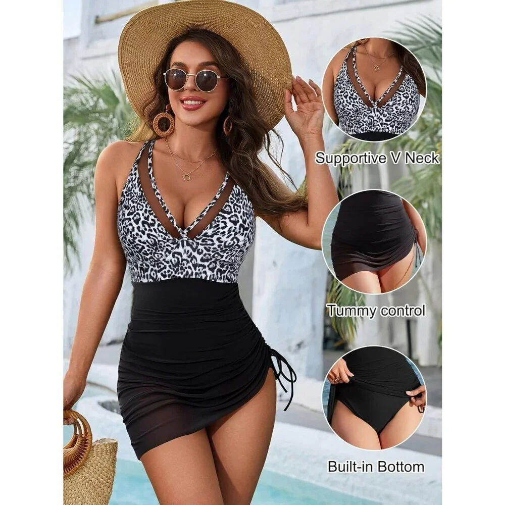 Womens Blooming Jelly Black One Piece Swim Dress with Tummy Control